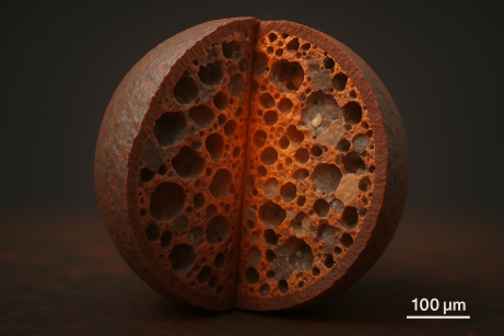 AI-enhanced schematic of an iron ore pellet with pores.