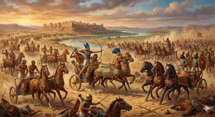 Battle of Kadesh, fought around 1274 BC. The battle's most enduring legacy is not military but diplomatic; the ensuing stalemate led to the negotiation and signing of the world's earliest known international peace treaty roughly fifteen years later, estab