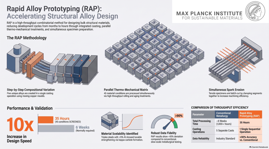 High-throughput combinatorial screening and processing paradigm via Rapid Alloy Prototyping (RAP) for bulk structural materials.