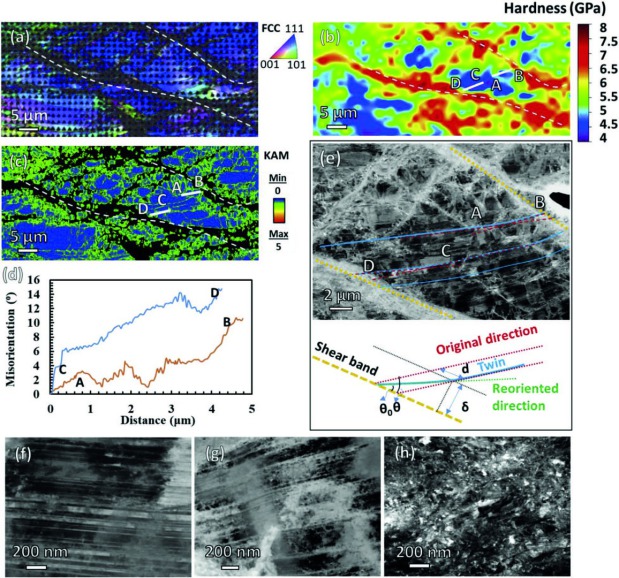 Metastability Interstitial High Entropy Alloy Design Fig 6.jpg (a) IPF map of the tempered specimen with preceding rolling reduction of 67%; (b) Nano-indentation map showing gradient hardness values; (c) KAM map; (d) Misorientation profiles from A to B an