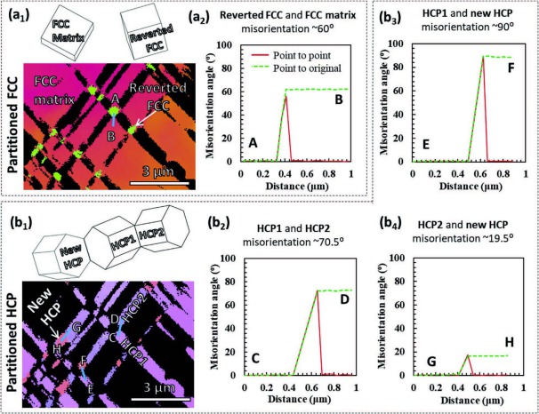 Metastability Interstitial High Entropy Alloy Design Fig 10.jpg Microstructure and misorientation relationship of two-crosshatched HCP lamellae and reverted FCC in the 14% rolled specimen. Partitioned IPF maps of (a1) FCC phase and (b1) HCP phase; Misorie