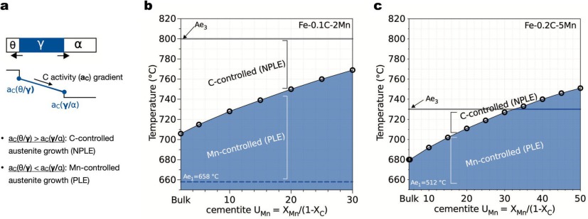Figure 3. (a) Schematic illustrations of austenite (γ) growing from cementite (θ)/ferrite (α) interface. By comparing the C activity at the θ/γ interface and γ/α interface, this can be used to determine whether a positive C activity gradient in austenite 