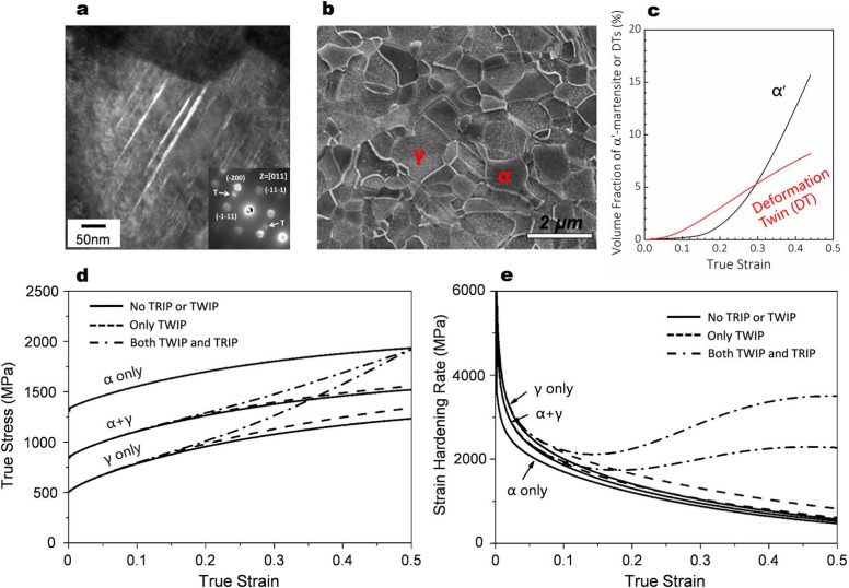 Figure 10. (a) Transmission electron microscopy (TEM) darkfield image with nano-beam diffraction pattern of an austenite grain in a 0.2C-10Mn-3Al-3Si (in wt-%) steel subjected to intercritical annealing at 750°C and subsequent tensile true strain of 15% [