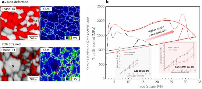 Figure 13. (a) EBSD phase plus image quality (IQ) map and kernel average misorientation (KAM) map of an intercritically annealed MMnS (0.2C-10Mn-3Al-1Si, in wt-%) before and after tensile deformation at 20% strain, showing a higher amount of GNDs (indicat