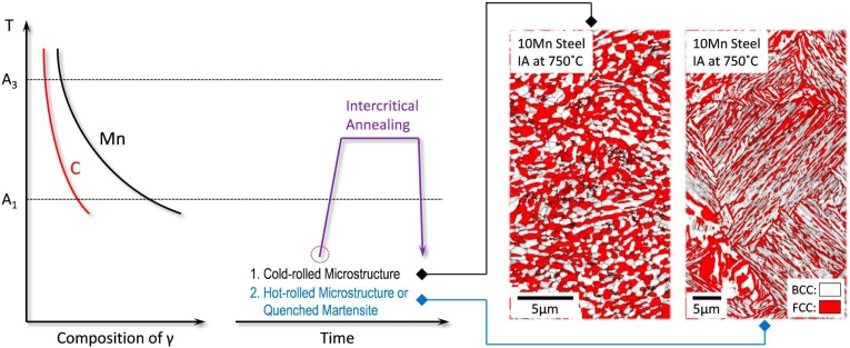 Figure 19. Schematic diagram showing the intercritical annealing process that is normally used to heat treat MMnS and the typical resulting microstructure (the EBSD phase plus IQ maps on the right side are from a 0.2C-10Mn-3Al-1Si (in wt-%) steel which wa