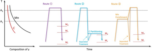 Figure 21. Different processing routes for producing austenite-martensite microstructure in MMnS. Routes 2 and 3 show two typical strategies to enhance the stability of austenite for a more persistent TRIP effect.