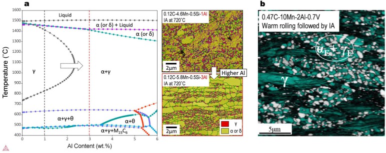 Figure 23. (a) Pseudo-binary equilibrium phase diagram for the 0.12C-5Mn-0.5Si-xAl steel system and typical microstructure of this steel system with different Al additions after cold rolling and intercritical annealing (IA) at 720°C. The steel with 3 wt-%